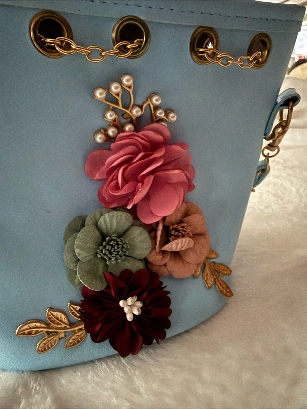 Light Blue Embellished Flowers Chain Bucket Purse Bag Boho Festival - Picture 6 of 7